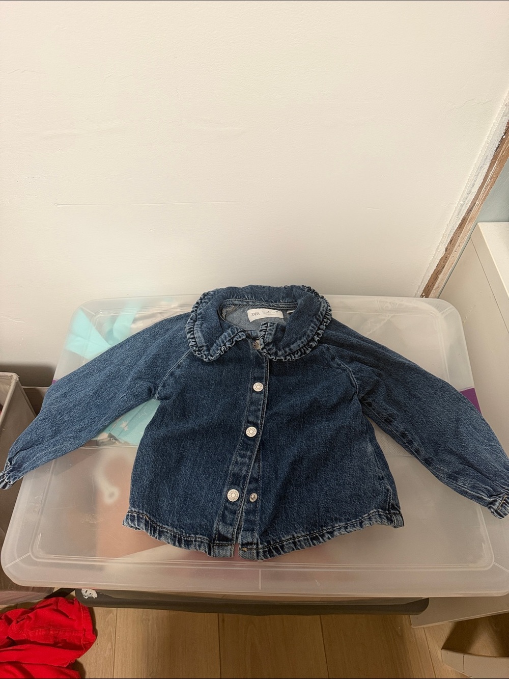 Zara Dark Blue Denim Jacket with Ruffle Collar